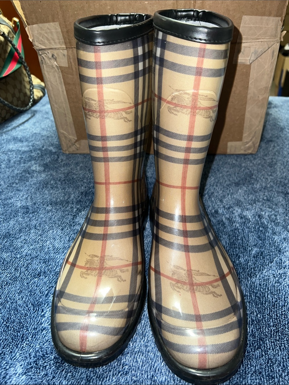 Ladies Burberry Beige Plaid Rain Boots with Black Trim Size 40 or US 9